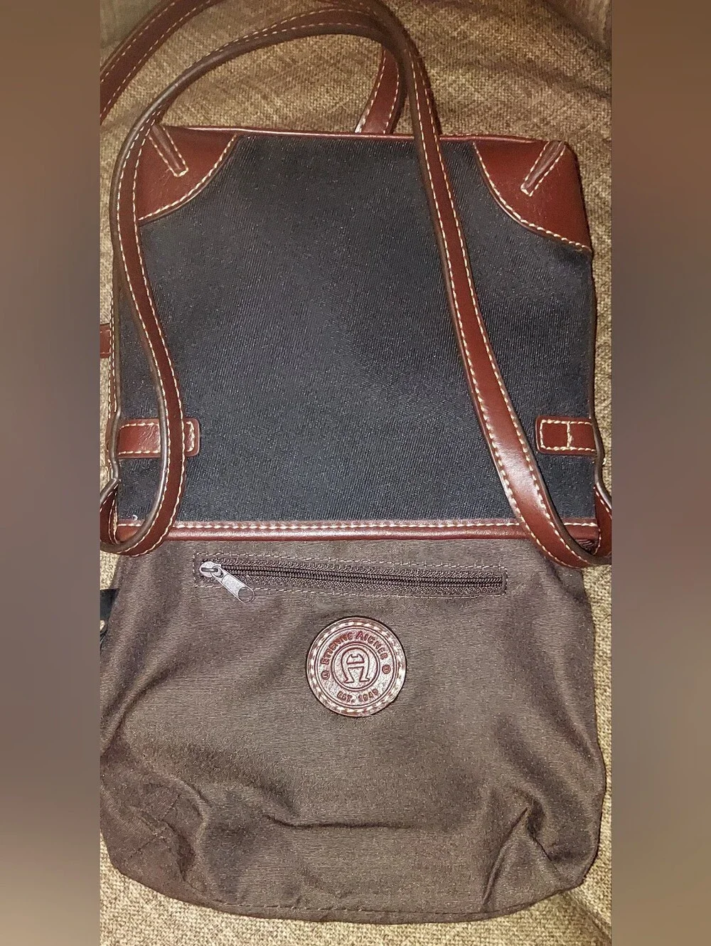 Etienne Aigner Black Canvas Crossbody with Brown Leather Trim